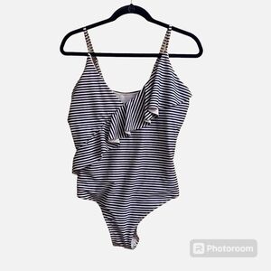 AMAZON Navy Blue and White Striped  One Piece Nautical Bathing Suit Front Ruffle